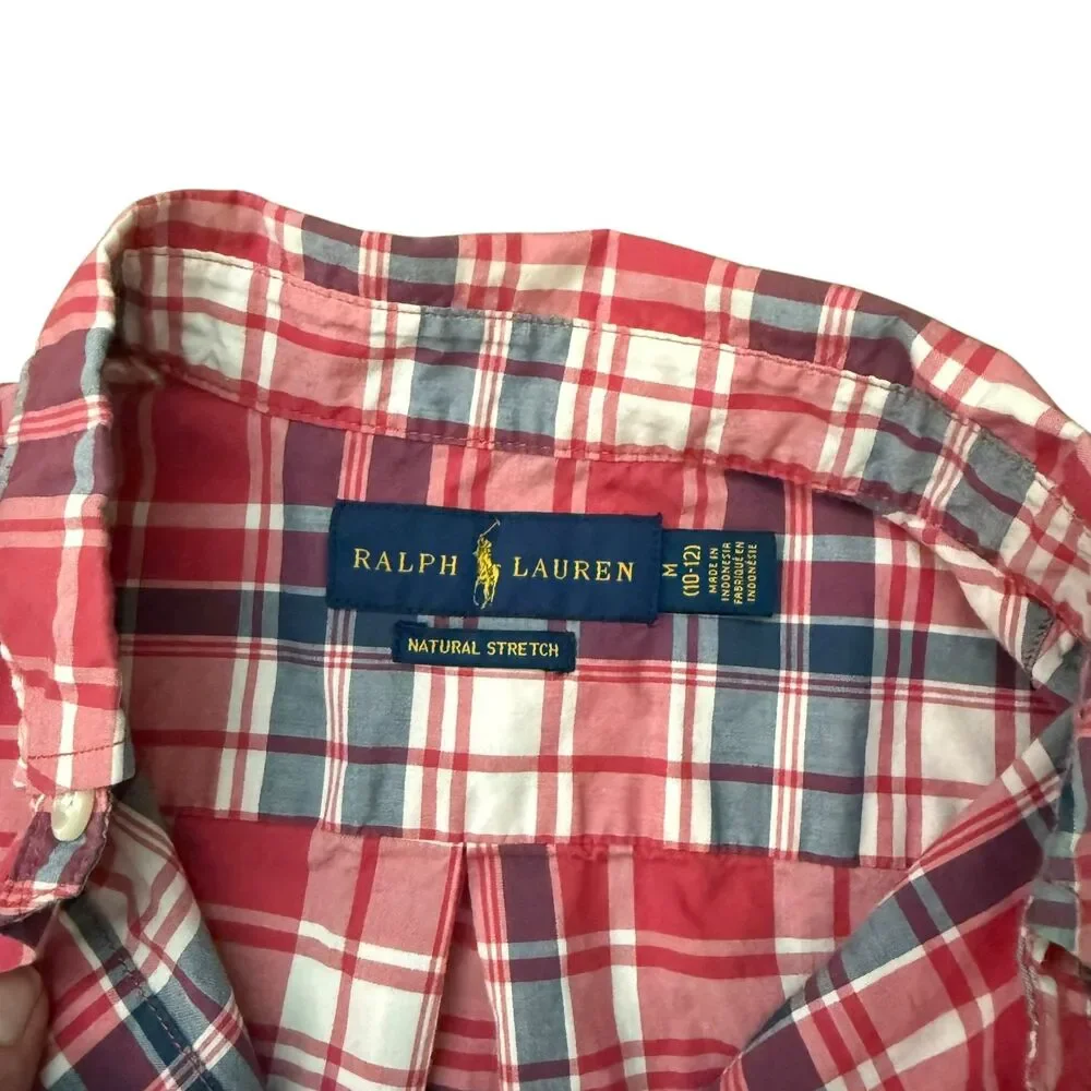 Ralph Lauren Boys Red/Blue Plaid Button Up Size M 10-12 EUC